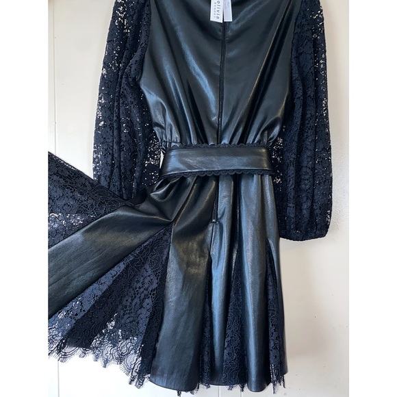 Alice + Olivia Mina Black Vegan Leather Lace Combo Mini Cocktail Dress - Picture 11 of 17